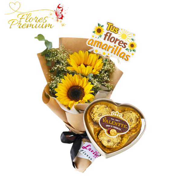 274 RAMO 2 GIRASOL, BOMBONES VALENTTE 3 UNID, TOPPER FLORES AMARILLAS - Imagen 1