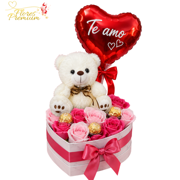 11 CAJA CORAZON AMOR CON 10 ROSAS JABON, 3 BOMBONES, PELUCHE 20CM Y GLOBITO - Imagen 1