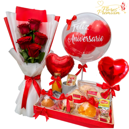 DESAYUNO SORPRESA ANIVERSARIO Y RAMO DE 5 ROSAS