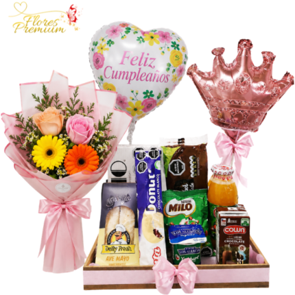 DESAYUNO CUMPLEAÑOS Y RAMO DE 2 ROSAS, 2 GERBERAS