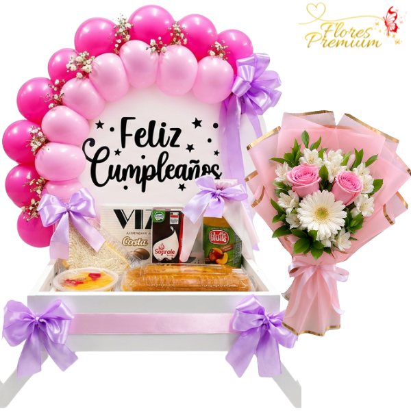 8 DESAYUNO CUMPLE PINK Y RAMO CON 2 ROSAS Y 1 GERBERA - Imagen 1