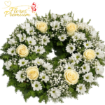 CORONA DE CONDOLENCIAS 50CM CON 6 ROSAS, MARGARITAS Y FOLLAJE
