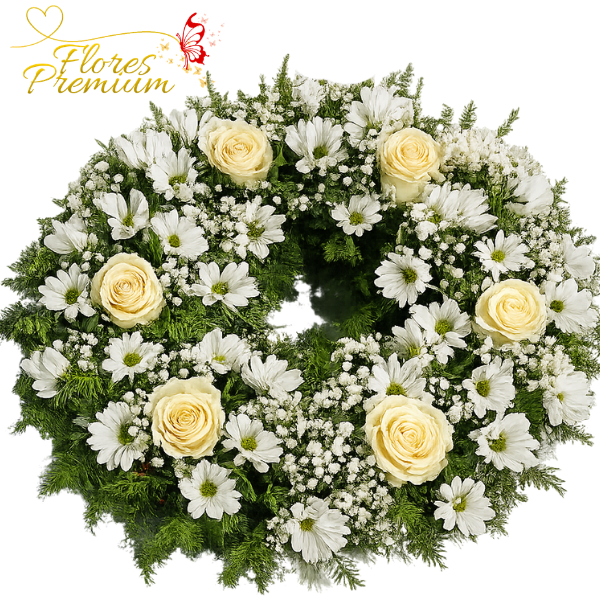 Diseño sin título (47) CORONA DE CONDOLENCIAS 50CM CON 6 ROSAS, MARGARITAS Y FOLLAJE - Imagen 1